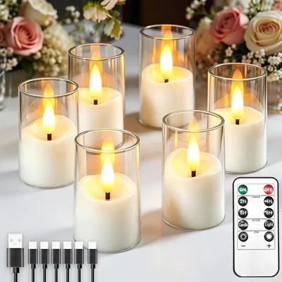 6 Mini bougies LED rechargeables avec télécommande et minuterie | 4 x 6.5 cm Bougies à flamme LED scintillantes
