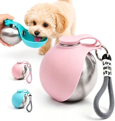 Botella de agua portátil para perros 2 en 1, 285 ml, cuenco anti-goteo de acero inoxidable con cuenco plegable de silicona, para pasear