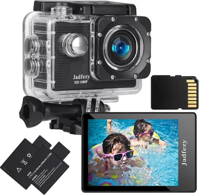 Cámaras deportiva Jadfezy HD 1080P con tarjeta de memoria, 2 baterías recargables de 900mAh y kit de accesorios, 30M con 14