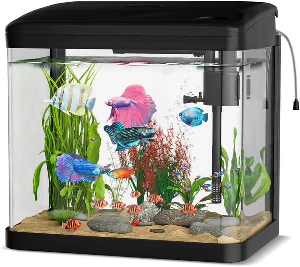 Acuario de vidrio de 15L Ambesty, acuarios completos y tanques para peces, con sistema de filtración integrado y iluminación LED, L