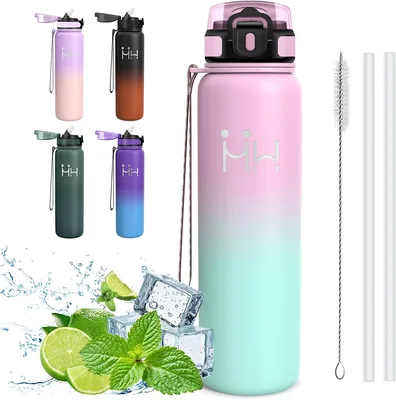 Bouteille d'eau Mujigaga - 1 L - Bouteille isolée, sans fuite, acier inoxydable, sans BPA, paille, double isolation - Best Deal