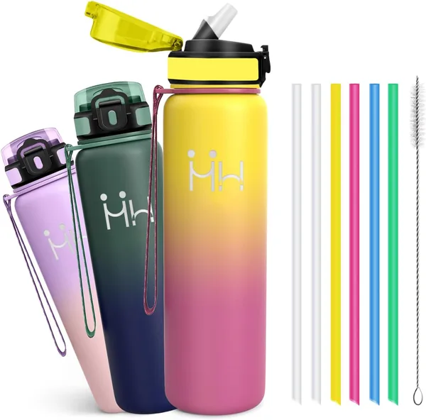 Mujigaga Termo 1 litro - Botella Térmica - Cantimplora de Agua - A Prueba de Fugas - Con Pajita - Ideal para Gimnasio - Mantiene Caliente 24h