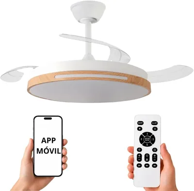 Ventilador de techo NARVI Blanco y Madera de Haya Ø107 cm con Luz LED Dimmable, Motor DC de Bajo Consumo Silencioso, Lámpara de Ventilador con Tele mando