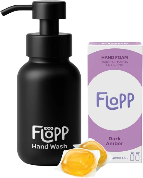 Flopp - Kit Inicial de Jabón de Manos Espuma Sostenible con Botella de Cristal Negro Reutilizable de 250ml y Recarga