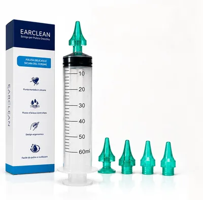 ALL4US® - Kit per la pulizia delle orecchie con siringa da 60 ml, 4 punte morbide, sistema per lavaggio e rimozione delle orecchie, kit per irrigazione auricolare