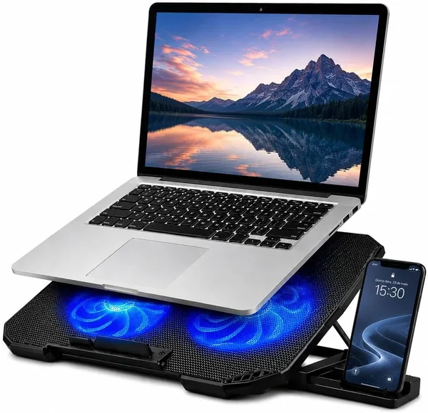 Base para Notebook com Resfriamento Duplo LED, Ajuste de Altura e Suporte Ergonômico USB