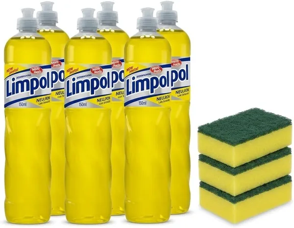 Kit Detergente Limpol Neutro 6 Unidades 500ml + 3 Esponjas Duplas Multiuso - Melhor Preço