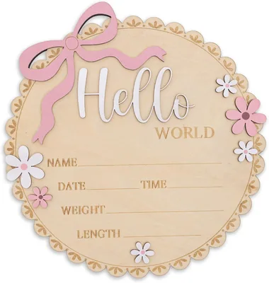 Hello World Wooden Baby Birth Announcement Sign, Pink Floral Newborn Details
