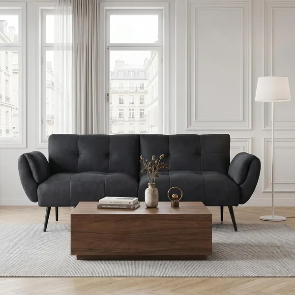 JIEXI Modern linne tyg soffa, 3-sits med massiv trä och svamp, hög densitet, minimalistisk stoppad
