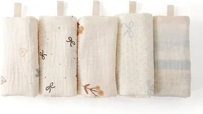 OIXEYA Set di 5 Muslin per Neonati in Cotone Morbido, Asciugamani in Gazza per Bagno e Pulizia, Quadrati Assorbenti per Neonati, Lavabili