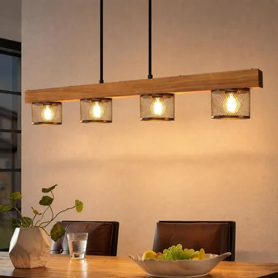 ZMH Vintage Pendelleuchte Holz Hängelampe Esstisch 4 flammig mit Holzbalken | Schwarz Hängeleuchte retro Esstischlampe E14 ES