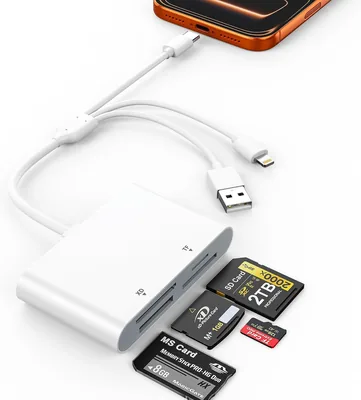 4-in-1 Memory Stick Pro Duo läser for SD/Micro SD/MS/XD kartor | Tre anslutningar (USB-C, Lightning/USB-A), kompatibel med Sony