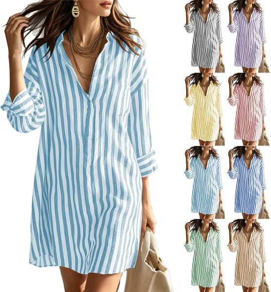 Tshirt Dress Women 2026 Summer Fashion Striped Color Block Mini Dresses V Neck Elegant Casual Loose Fit Sundresses