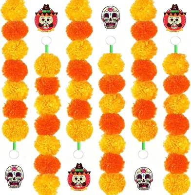 6 Tiras de Guirnaldas de Flores Artificiales de Caléndula, 1.5 m Largo, Decoración Típica India, Día de los Muertos Navidad