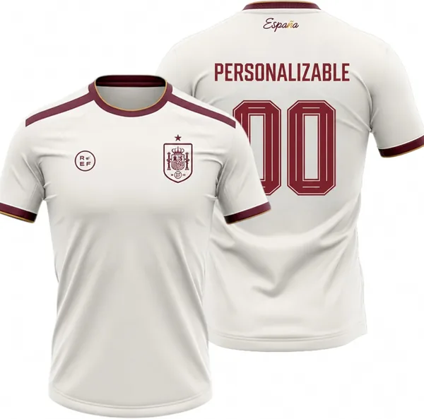 Stock Futbol Seleccion Espa ola Mundial 2026-2028 Personalizable Camiseta Segunda Equipacion Nombre y Dorsal, Color Blanco, Manga Corta, Tejido Transpirable para Aficionados