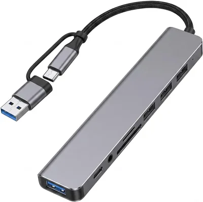 Hub USB C 8 w 2 z USB A, 4 porty USB, czytnik kart SD TF i audio | Podwójna wtyczka USB-C i USB-A