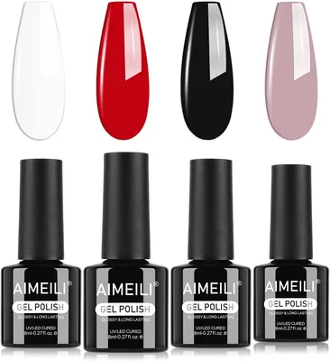 Kit smalto semi-permanente AIMEILI con 4 colori - Rosso, Nero, Bianco e Rosa - French Nails Gel Colori, Rimuovibile all'Acqua