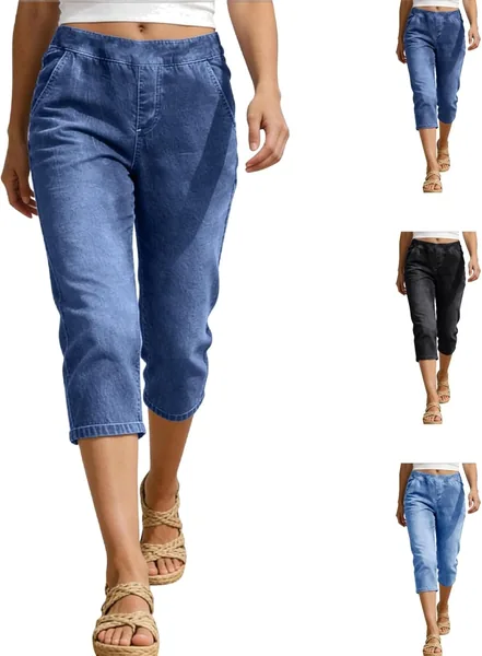 Capri Jeans for Women Denim Cropped Pants Elastic Waist Straight Capri Casual Mid Waist Summer Pull on Trousers