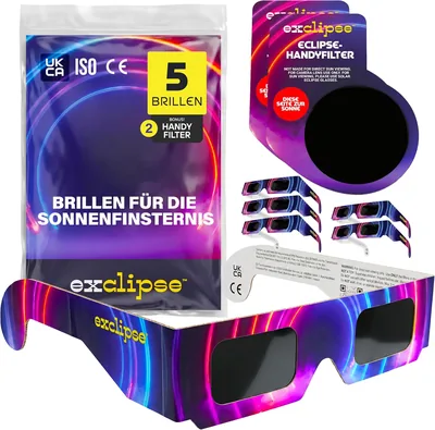 Eclipse Sonnenfinsterglas-Set 5er-Pack mit Smartphone-Filter - ISO 12312-2 & CE & UKCA zertifiziert, sichere Sonnenbeobachtung + 2