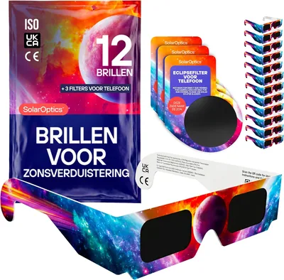 Zonnewerfglazenpakket met 12 stuks en 3 smartphone-filters - ISO 12312-2 en CE gecertificeerd, AAS 2026, volledige set voor observatie