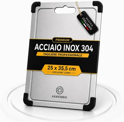 Anantheo SteelBoard Tagliere in Acciaio Inox 25 x 14 cm, Antiscivolo e Lavabile in Lavastoviglie, Food Grade