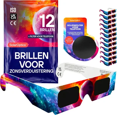 Zonne-eclips glazen set van 12 met smartphone filter - ISO 12312-2 en CE gecertificeerd, AAS 2026, complete set voor observeren
