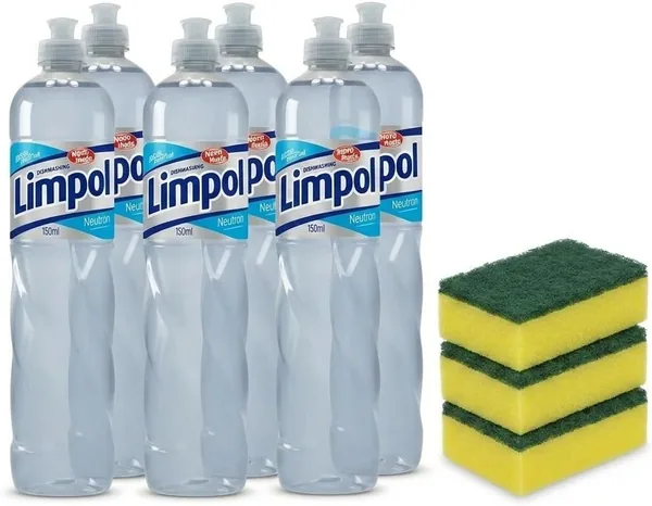 Kit Detergente Limpol Transparente 6 Unidades 500ml + 3 Esponjas Duplas Multiuso - Melhor Preço