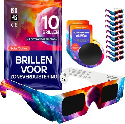 Zonnewerfglasen met telefoonfilters van 10 stuks - ISO 12312-2 en CE gecertificeerd, AAS 2026, volledige set voor observatie