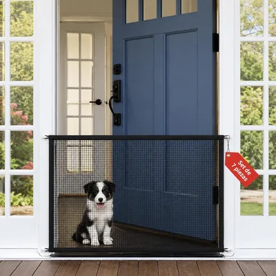 Juego de 7 piezas barrera para perros, con 1 reja para perro (110 x 72 cm), 4 ganchos y 2 varillas extensibles, Sistema de seguridad