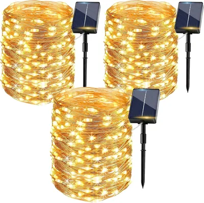 Luces de cadena solar al aire libre 3x, 15 m 150 LED cálido blanco, luces LED solares IP65 a prueba de agua 8 modos, Para exteriores