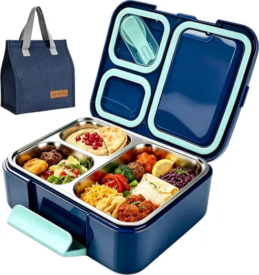 Stainless Steel Bento Lunch Box for Kids - Microwave-Safe 3-Compartment Snack Container