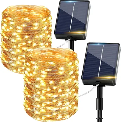 Luces Solares de Cadena Exterior 2x, 15 m 150 LEDs Calentamiento Blanco, Luces LED IP65 a Prueba de Agua con 8 Modos para Jardín Exterior