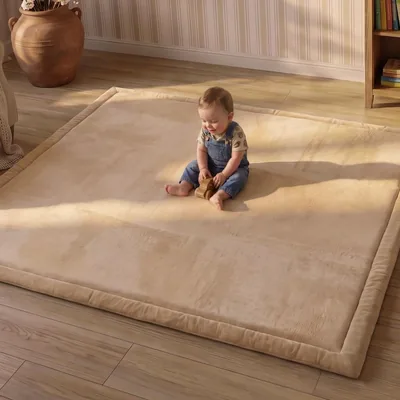 CASABEL Baby Play Mat Velour Crème Blanc 150 x 180 cm, Épais et Doux, Mousse Confortable, Base Anti-Dérapante, Facile à Nettoyer, Stylish - Best Deal