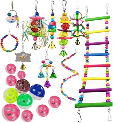 Parakeet Toy Set - 21 Pcs Colourful Wood & Plastic, Ladder, Swing, Chewer, Bell - Best Deal