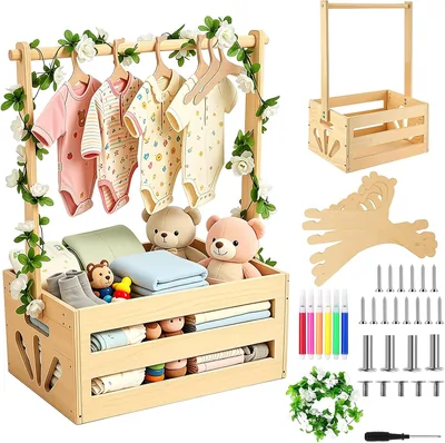 Trä babykorg med haning, paketförpackning, babylaga korg med hångare och garland, babydusch dekoration, geschenk