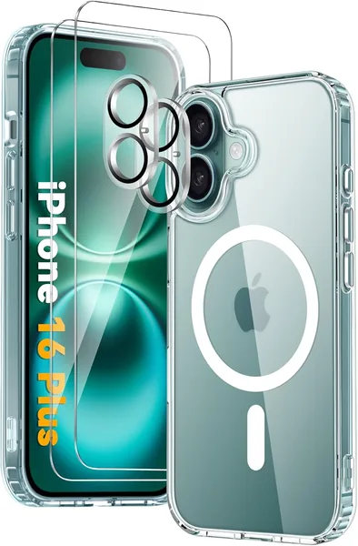 Étui magnétique Vuletc pour iPhone 16 Plus avec 2 verres trempés et 2 protections caméras, compatible MagSafe, Anti-magnétique