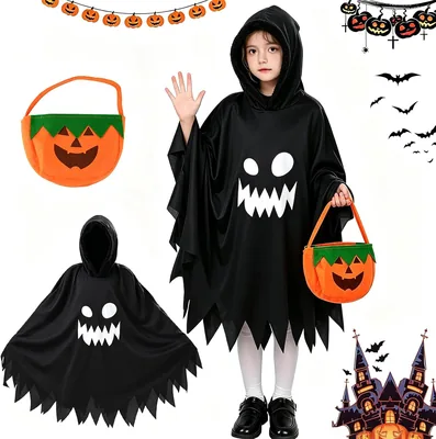 Capa de Fantasma Luminosa con Capucha para Niños y Niñas + Bolsa de Calabaza, Disfraz de Halloween Blanco, Fantasma Brillante