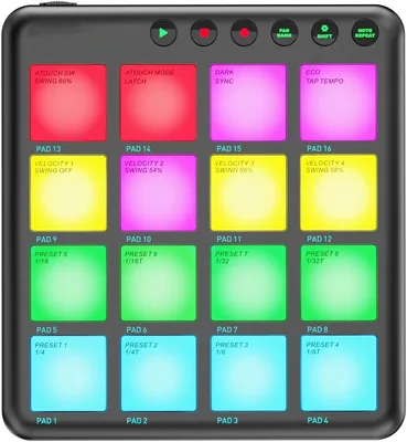 Swokely MIDI Driver de 16 Teclas Dinámico RGB Pad BT Wireless MIDI Pad Recargable Portátil Plug and Play para Rendimiento de Música