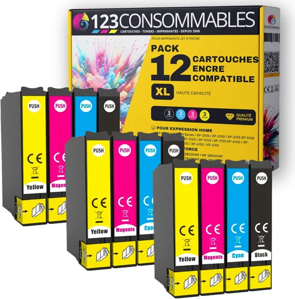 123CONSOMMABLES Pack 12 Cartouches d'encre pour 603 XL - Compatible avec Epson Etoile de Mer - pour Epson XP-2100 XP-2155 XP-