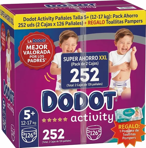 Dodot Activity Pa ales Talla 5+, 12-17 kg, Pack 2 Cajas de 126 uds (252 Pa ales en Total) + REGALO Toallitas Pampers
