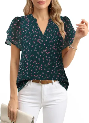 Lotusmile Women's Chiffon Blouse - Puff Sleeve, V Neck, Summer Dressy Top
