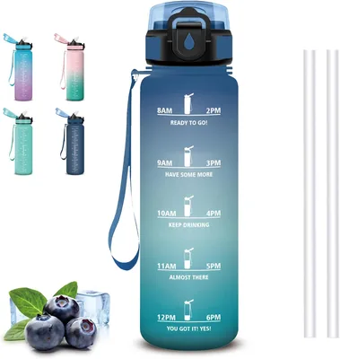 Mujigaga 1 Litro Bottiglia d'Acqua, Bottiglia per Palestra, Apri Facile, con Paglia, Anti-Goccia, Motivazionali, D