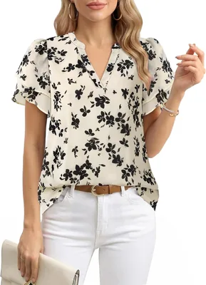 Lotusmile Elegant Chiffon Blouse - Summer Puff Blossoms V-Neck Casual Top
