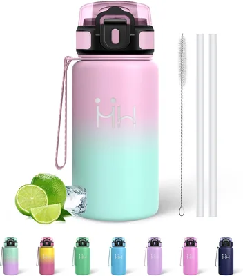 Botella de agua Mujigaga de acero inoxidable de 500 ml para niños, botella térmica con pajita, libre de BPA, resistente a fugas y reutilizable