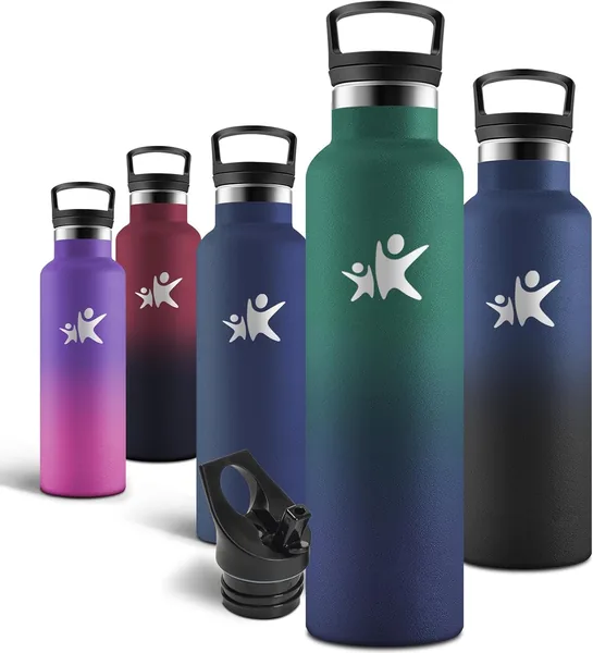 Bouteille d'eau Motswedi, 1000 ml sans BPA, Flasque isolée avec paille et 2 couvercles, Bouteille en acier inoxydable 18/8, Isolée