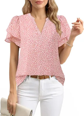 Lotusmile Elegant Chiffon Blouse for Women Summer Puff Blossoms Short Sleeves V-Neck Casual Work Top Best Deal