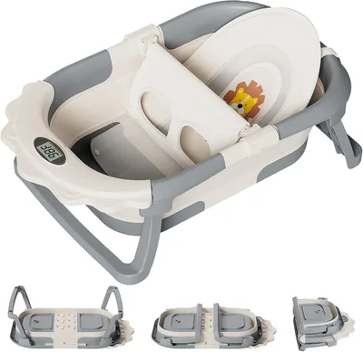 Newborn Foldable Baby Bathtub - Soft Cushion & Built-in Thermometer