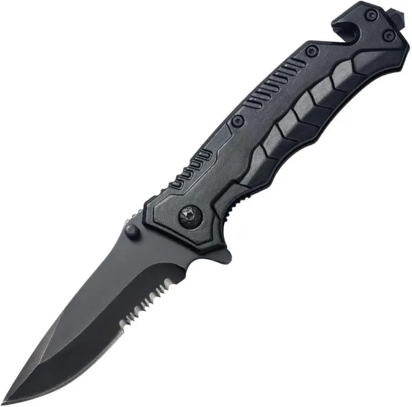Folding Pocket Knife - Black, Aluminium, Chisel Edge, Tactical, Glass Breaker, Seatbelt Cutter - EDC, Camping, Hunting - Best Deal