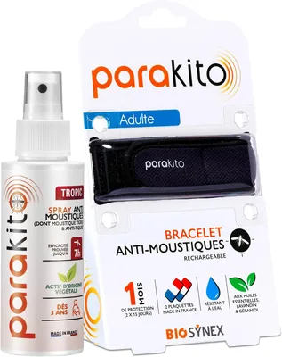 Parakito - Kit de Protection Complet contre les Moustiques et les Tiques - Bracelet Adulte Noir + Spray Tropique 100 ml (3 ans et plus)