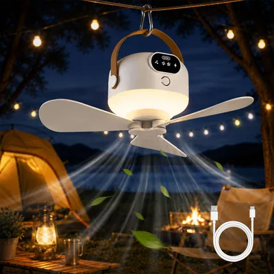 Deckenventilator mit Beleuchtung Camping - Mobile Fanlampe mit Fernbedienung, wiederaufladbarer Deckenventilator für Außenbereiche, USB-Anschluss